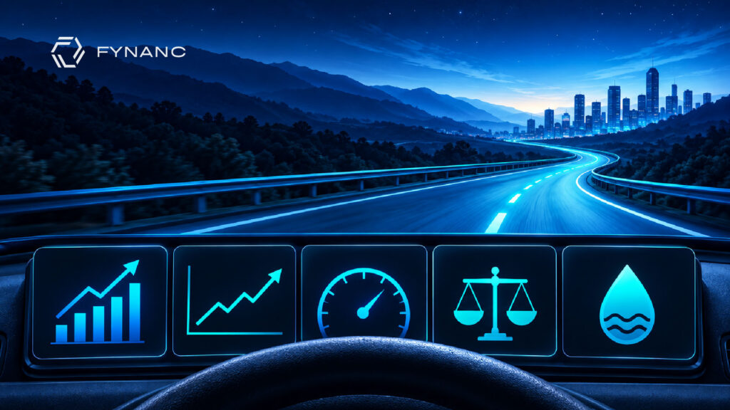 Alt text: Futuristic investor dashboard viewed from behind a steering wheel, with financial growth, performance, balance, and liquidity icons guiding a road toward a city skyline.