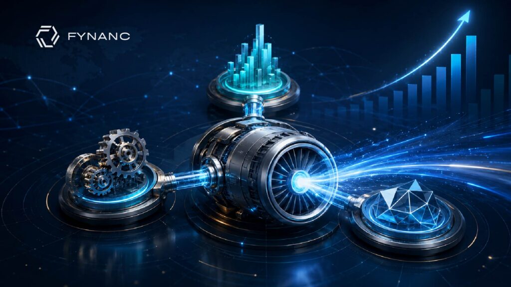 Mechanical wealth engine with three connected financial components powering upward investment growth.