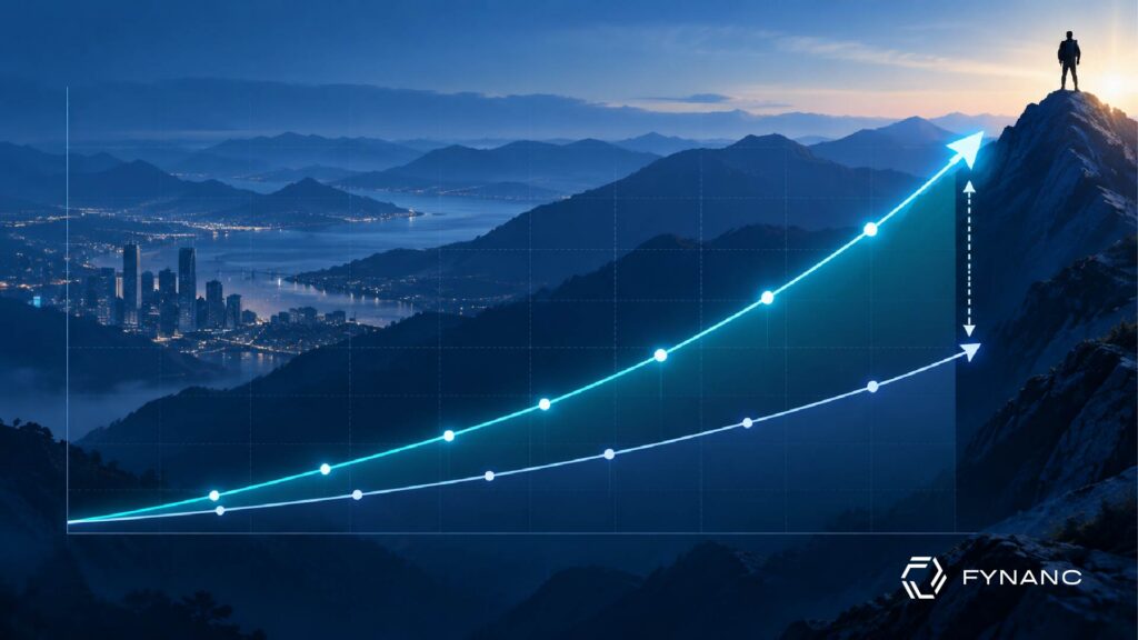 Two upward curves diverge over a mountain landscape, with a hiker at the summit and an arrow highlighting the growing gap.