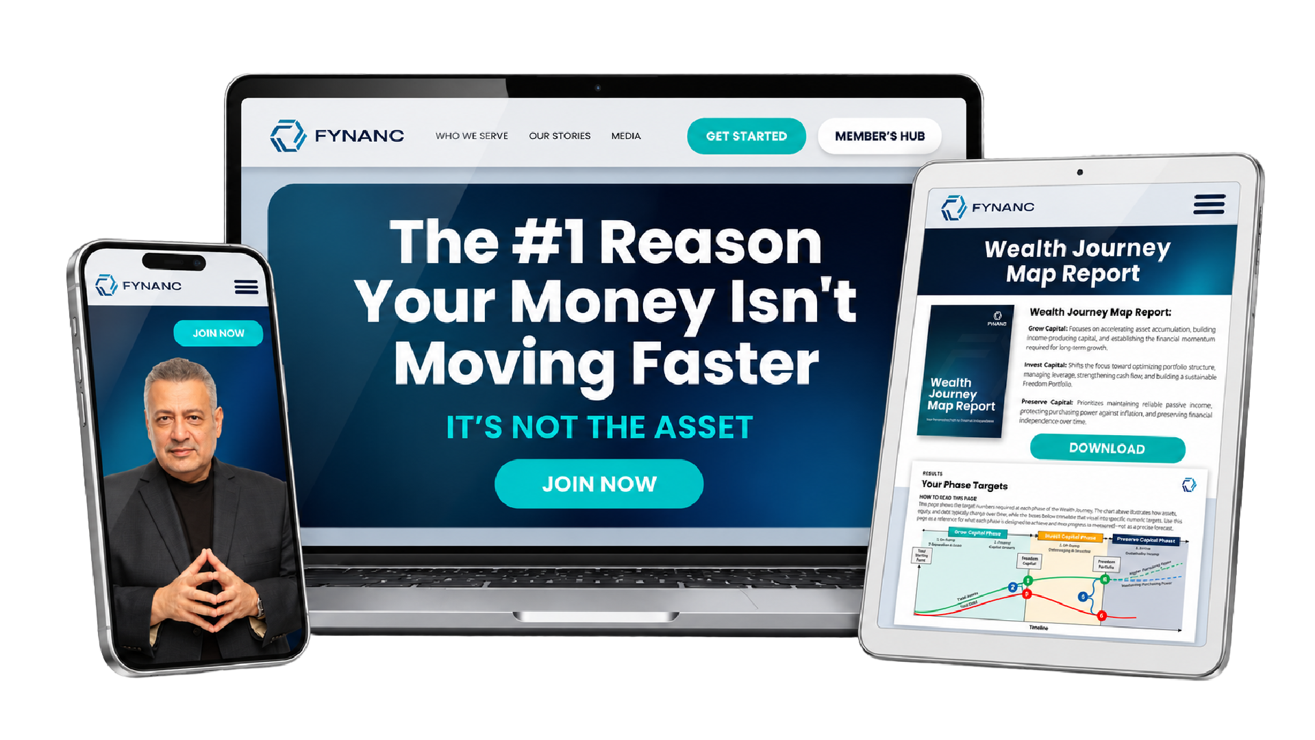 Home Pagew Graphic_Fynanc_Hero-V2 Responsive Fynanc Wealth Journey Workshop landing page displayed on desktop, tablet, and mobile devices.