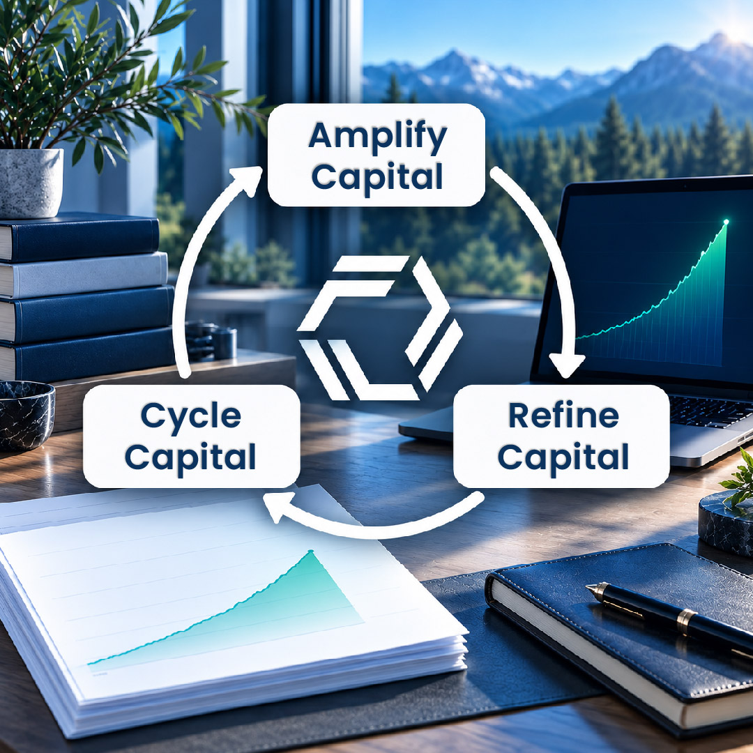 How We Help_Amplified Path Financial workspace with growth charts and a circular cycle illustrating Amplify Capital, Refine Capital, and Cycle Capital.