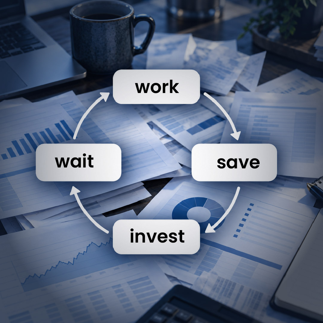 How We Help_Slow Stuck Path Financial documents and charts on a desk with a circular cycle showing work, save, invest, and wait.