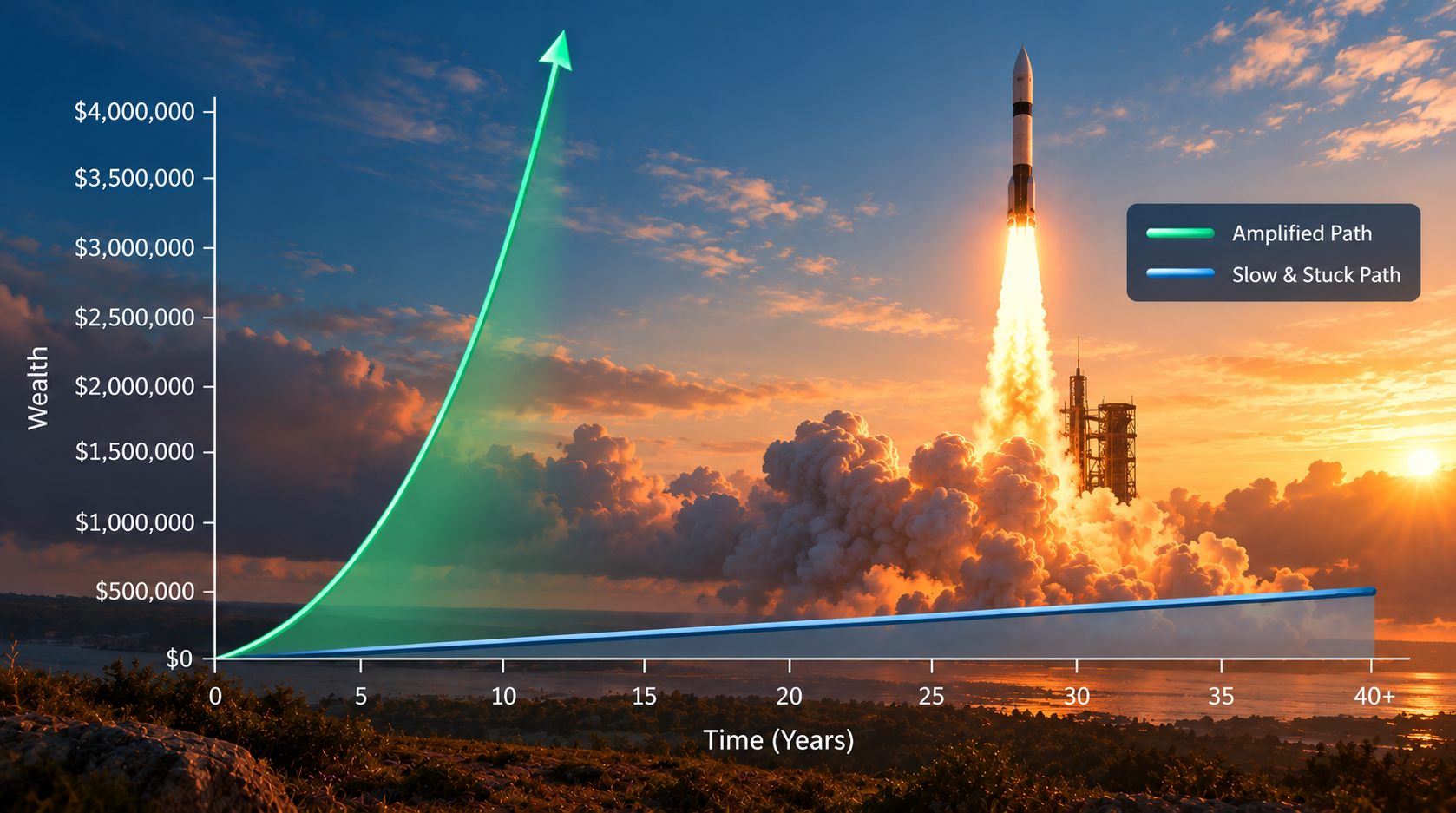 Speed Visual (1) Graph comparing two wealth-building paths over 40+ years, with a steep green amplified path rising above $4 million and a slower blue path reaching about $500,000, overlaid on a rocket launch at sunset.